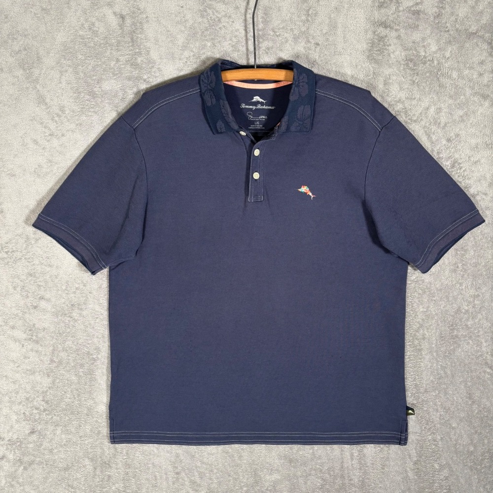 Tommy‎ Bahama Mens Supima Cotton Blend Polo Shirt Navy Blue Floral Collar Large